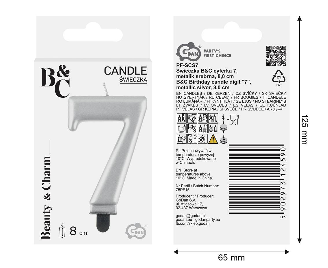 Birthday candle digit 7, metallic silver, 8 cm
